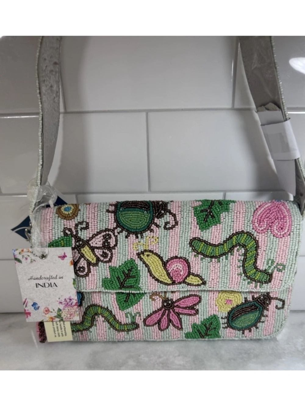 NEW RELEASE Made In India Beaded Pink Green Butterfly Caterpillar Snail Bag NWT